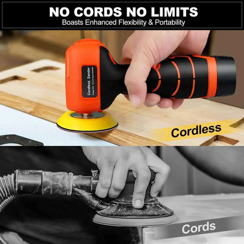 Cordless 3 Inch Palm Sander Kit with 16.8V 3.0Ah Liion Battery in use on a wooden surface, showing flexibility and portability.