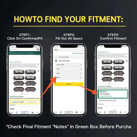 Instructions on how to find vehicle fitment using ConfirmedFit on a smartphone screen, showing step-by-step guide.