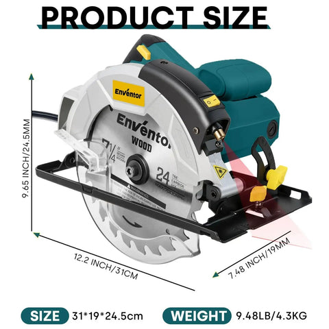 Powerful 7-1/4 Inch Circular Saw With A 10A Pure Copper Motor And Laser Guide Delivers 5800 RPM Includes Two Blades 40T And 24T Adjustable Cutting Angle From 0 To 90 Degrees One Handed Bevel Design Blue