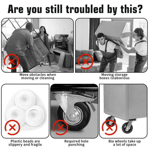 Graphic showing moving challenges like heavy lifting and fragile wheels, with circle highlights. Ideal for 24 Pcs Self Adhesive Caster Wheels Set.