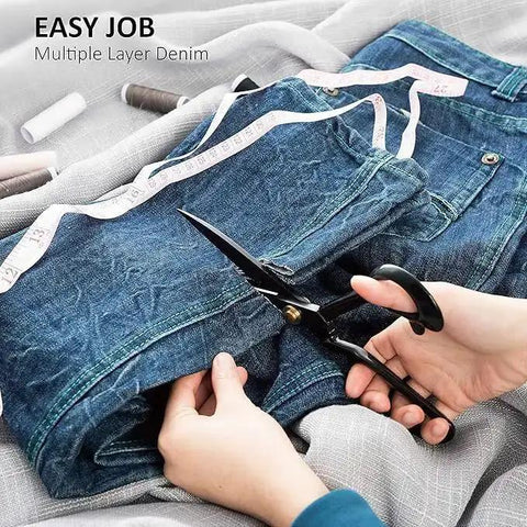 Person using Heavy Duty Fabric Scissors 9 Inch Pro Grade Tailor Shears For Leather Cutting Industrial Sharp Sewing Shears For Home Office Crafters Dressmakers And Artists on denim with measuring tape.