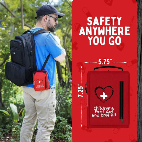 Man carrying Kids Portable First Aid Kit With CPR Shield For Home Car School Camping And Travel Latex Free Bandages guide