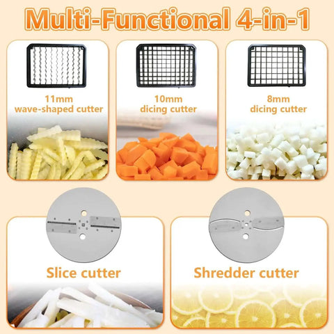 4 In 1 Commercial Vegetable Processor With 200W Electric Slicer Dicer Shredder And Crinkle Cutter All Stainless Steel 110 Volt Built For Heavy Duty Commercial And Home Use showing cutting options.