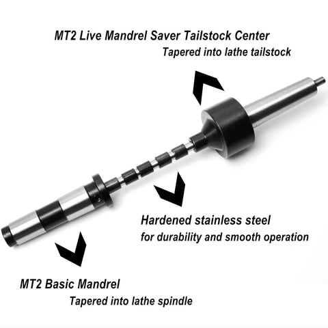Pen Mandrel Kit MT2 for Woodturning with 5 Bushings and 7mm Drill Bit, showing mandrel saver and basic mandrel on white background.