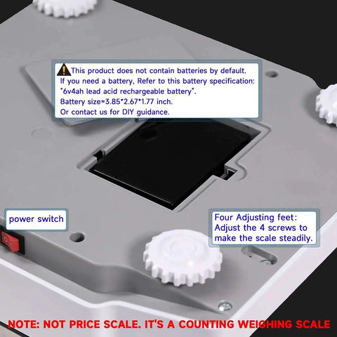 Back view of Digital Parts And Coins Counting Scale With 15Kg Capacity And 0.5G Readout, shows power switch and adjustable feet