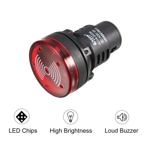 Red Indicator Light With Buzzer 24V AC DC Panel Mount 28mm Flashing Alarm showing LED chips, high brightness, and loud buzzer features.