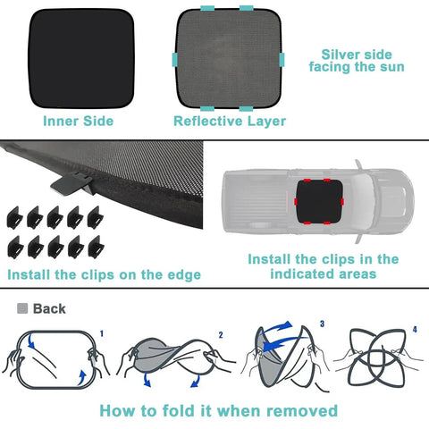 Diagram of Foldable Sunshade Roof For Chevy Silverado EV RST And GMC Sierra EV Denali with installation and folding instructions.