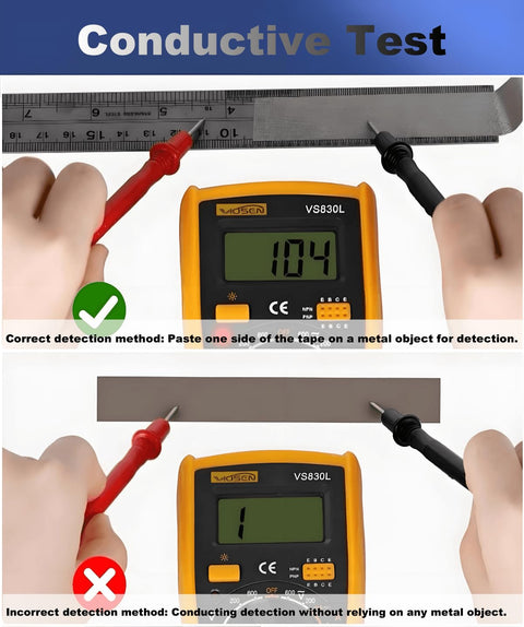 Conductive test setup with yellow VS830L meter, red and black probes, ruler and metal strip; shows correct vs incorrect.