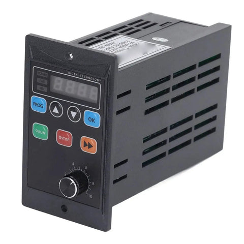 Front view of a Compact 110V To 220V VFD Inverter for motors with LED display, featuring control buttons and sleek black design.