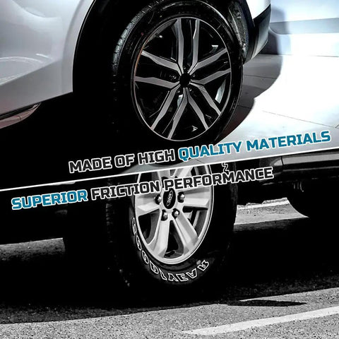 Two car tires showing tread and wheels, with text highlighting high quality materials and superior friction performance.