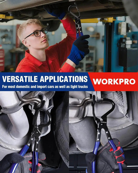 Mechanic using Heavy-Duty Exhaust Hanger Removal Tool With Non-Slip Grip For Rubber Hangers under a vehicle.