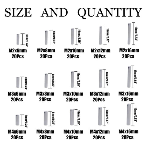 Chart showing sizes and quantities of Built Tough 300 Piece Stainless Steel Dowel Pins Set M2 M3 M4 304 Grade Kit.