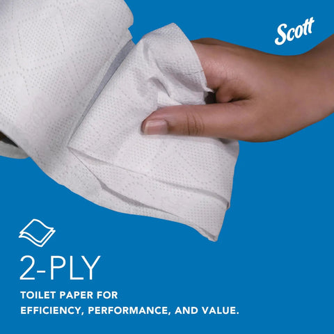 Hand holding 100 Percent Recycled Fiber 2 Ply Toilet Paper 80 Rolls 473 Sheets Per Roll against blue background