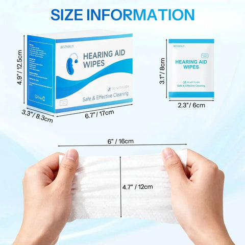 Alcohol Free Hearing Aid Cleaning Wipes box size and individual packaging displayed, showing 4.7 x 6 in wipe dimensions.