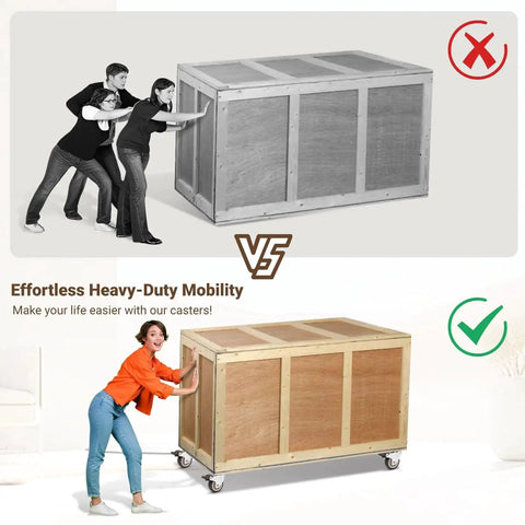 Comparison of people pushing a heavy crate versus using silent 2 inch rubber caster wheels with brakes for effortless mobility.