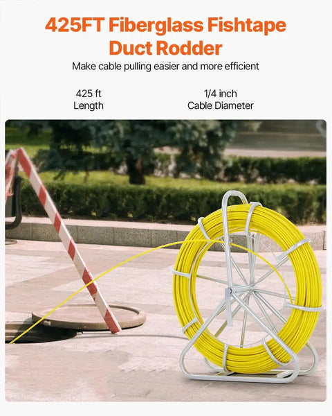 Fiberglass Fish Tape 425 foot long quarter inch with pro grade durable stand, non conductive wire rodder for pulling cables outdoors