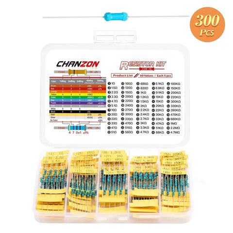 Chanzon 60-value resistor kit, 300pcs, 1/4W metal-film through-hole resistors in yellow bodies inside a plastic case