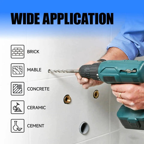 Person using Masonry Drill Bit Set For Tough Jobs By Pro Edge, 14 Pcs Kit With Carbide Tips And Shockproof Hex Shank on tile wall