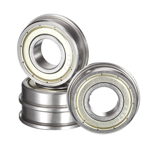 Ultra Durable Flanged Ball Bearing Set With Double Shielding And Deep Groove For Precision Mini Machinery ID Three Eighths Inch OD Seven Eighths Inch Width Nine Thirty Seconds Inch Flange Diameter One Inch Pre Lubricated Chrome Steel GCr15 Four Pack displayed.