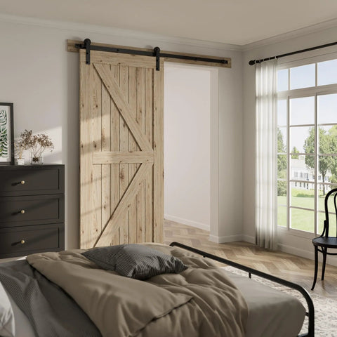 5.5Ft Single Sliding Barn Door Hardware Kit In Black Carbon Steel With Flat Track System for Closet, installed in bedroom