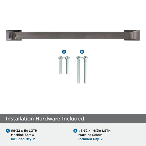 Westerly Graphite Cabinet Pull 6-5/16 Inch Center-To-Center, installation hardware included, shown with screws, durable finish
