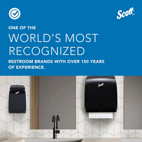 Scott restroom paper dispenser installed near sink under "World's Most Recognized Restroom Brands" banner.