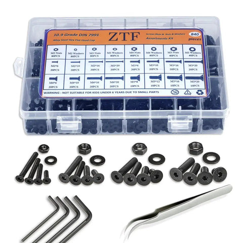 860 Piece All In One Metric M2 M3 M4 M5 Hex Socket Flat Head Screws Bolts Nuts Washers Kit With Storage Box 10.9 Grade