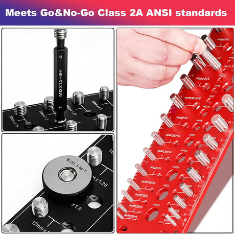 51 In 1 Bolt Size Finder And Thread Gauge With 32 Metric And 32 SAE Threads Plus 19 Drill Bit Check Openings CNC Machined Aluminum Screw Size Chart Go No Go ANSI Standard Non Slip Base showing Go/No-Go gauge use and detail.