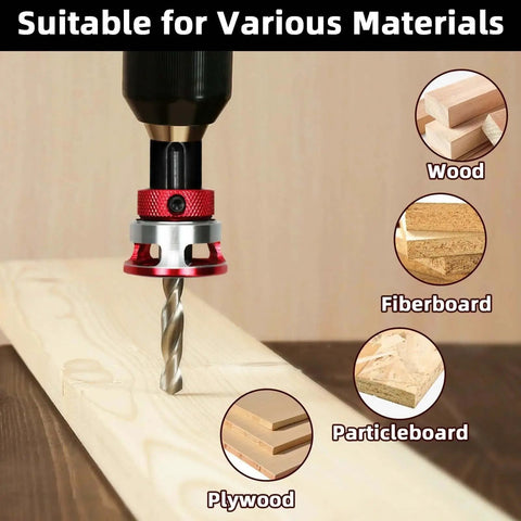 7-Piece Countersink Drill Bit Set With Aluminum Stop Collar And Wrench, drilling into wood, suitable for various materials