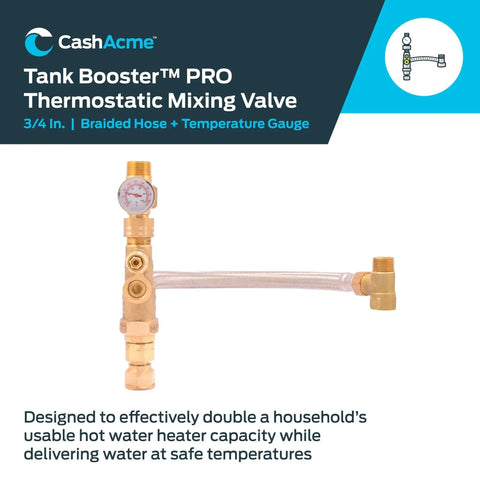 Front view of Three Quarter Inch Tank Booster Water Heater with Thermostatic Mixing Valve and Braided Hose for domestic and commercial use Easy Install compatible with PEX Pipe PERT CPVC Copper Gas Electric and Tankless Systems from Cash Acme