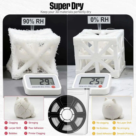 Comparison of 3D prints at 90% and 0% humidity, demonstrating the effectiveness of 8 Pack 3D Printer Filament Storage Boxes Portable Sealed Waterproof and Dustproof With Desiccant and Pen for Studio Office Workshop and Home Case Set Keeps Filaments Fresh and Organized for 1.75mm Spools