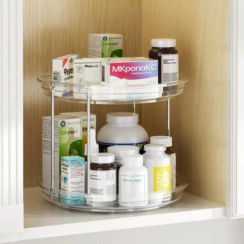 Two Tier Lazy Susan Organizer For Narrow Cabinets And Countertops 9.25 Inch Turntable Rotating Spice Rack Stackable Organizer For Kitchen Pantry And Bathroom Clear LazySpin holding medicine bottles.