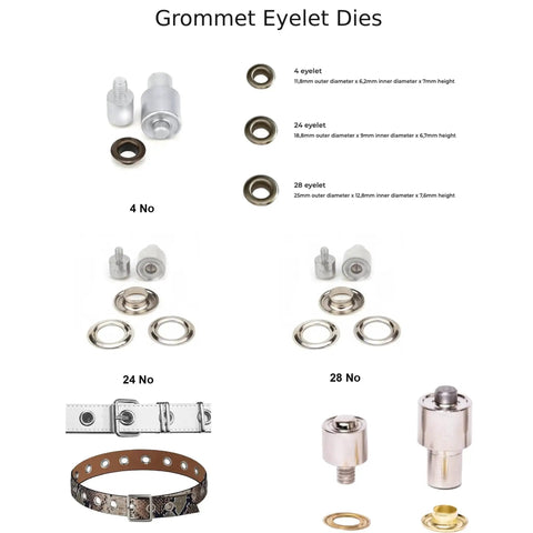 Grommet eyelet dies included in All In One Hand Press Kit For Snap Buttons Grommets Eyelets Rivets And Popper Fasteners DIY kit.