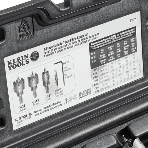 Heavy Duty Beast Carbide Hole Saw Kit With Pilot Bit In Rust Proof Molded Plastic Case Includes Three Hole Saws 7/8 Inch 1-1/8 Inch 1-3/8 Inch Plus One More Size For Quick Precise Drilling In Stainless Steel Mild Steel Iron Copper And Brass image of instruction label on case