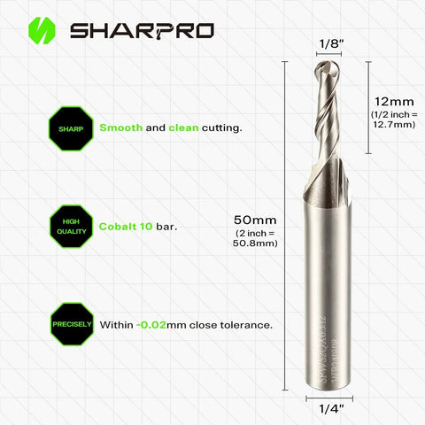 One Eighth Inch Ball Nose CNC Router Bit With One Quarter Inch Shank Carbide Up Cut End Mill For Wood And Aluminum Engraving Sharp Ball Nose Edge Delivers Precise Chip Free Cuts Smoother Finishes And Longer Tool Life, side view.
