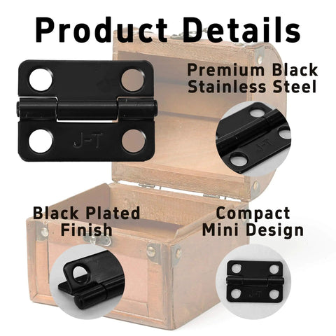 Sturdy Black Stainless Steel 1 Inch Cabinet Hinges Set Of 10 Mini Folding Butt Hinges For Wood Doors Wooden Boxes And Small DIY Craft Projects Precise 25x19mm Size With Easy Install Screws For Hassle Free Setup shown with wooden box