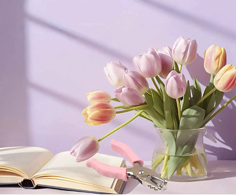 One Quarter Inch Circle Hole Punch, Metal Handheld Paper Punch With Soft Grip Handle, pink, next to flowers and open book
