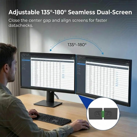 Two Pack Magnetic Monitor Bracket For All Computer Monitors Curved And Flat Screens Snap On Magnetic Connection Tool With Strong Adhesive For Easy Dual Monitor Setup And Quick Screen Alignment being used to align two flat screen monitors on a desk.