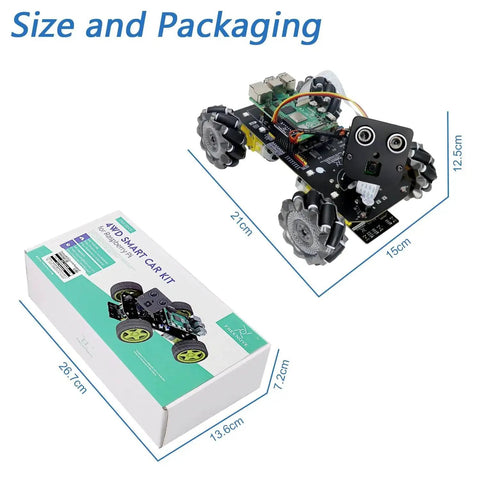 Mecanum Wheel Robotic Car Kit For Raspberry Pi 5, 4B, 3B Plus, And Zero 2 W With Face Tracking, showing dimensions and packaging