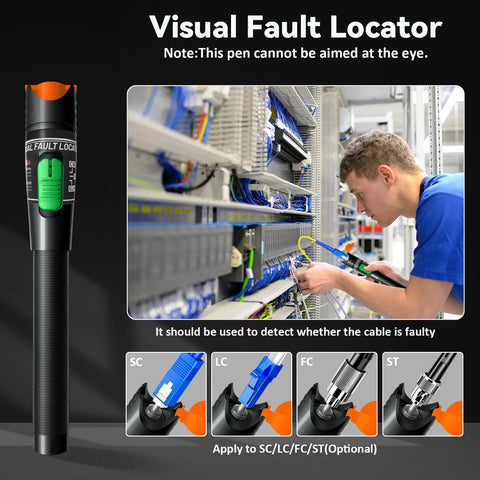 Visual Fault Locator fiber optic tester by Amazon; black body with green switch for SC/LC/FC/ST connectors