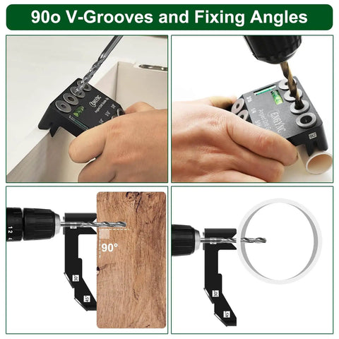 Drill Guide Jig With Two Torpedo Levels For 30, 45, And 90 Degree Holes in use showing drilling angles and V-grooves
