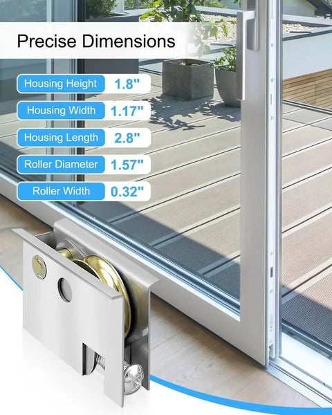 Sliding Door Roller Set For Post-1992 Sliding Patio Doors Replace 0C5Y00P0, shown installed with dimensions and rollers