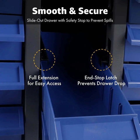 Close-up of Heavy Duty 100 Drawer Parts Storage Cabinet With Alloy Steel Frame And Thick ABS Drawers For Nuts And Bolts Anti Slip Stops Garage Organizer showing drawer extensions and end-stop latch.