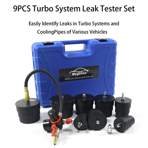 Turbo Boost Leak Tester Kit For Cars And Light Trucks, 9-Piece Set With Stepped Adapters, blue case and components visible