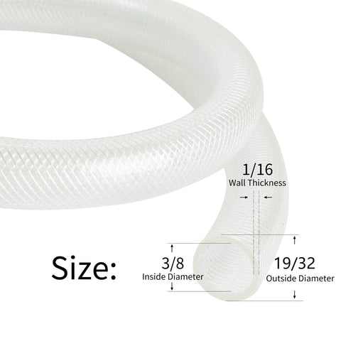 Clear braided PVC hose, 3/8 in ID by 19/32 in OD, 50 ft length, 1/16 in wall thickness