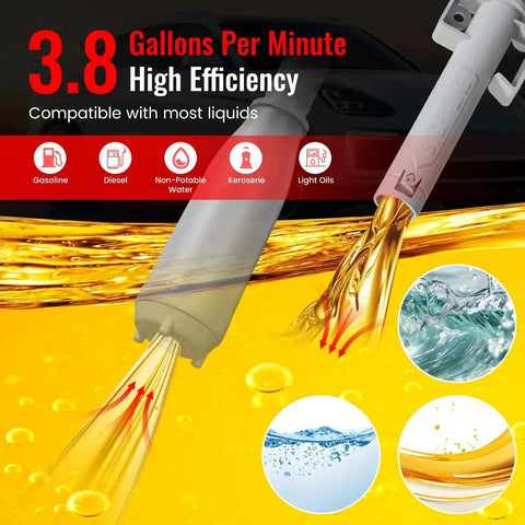 Illustration of Battery Powered Fuel Transfer Pump 3.8 GPM Auto Stop 51 Inch Hose For Gasoline with liquid compatibility icons