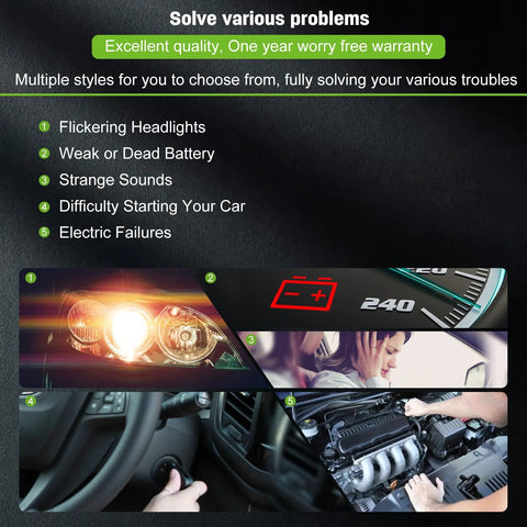 Collage showing solutions for flickering headlights, weak battery, starting difficulties, and maintenance for vehicles