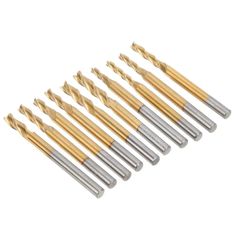 10 Piece 3 Flute End Mills Pro Grade Round Shank CNC Milling Cutters Ti Plated Tungsten Steel For Engraving Drilling Milling And Cutting Hardwood Plywood Acrylic Plastic Fiber Resin PCB Projects.