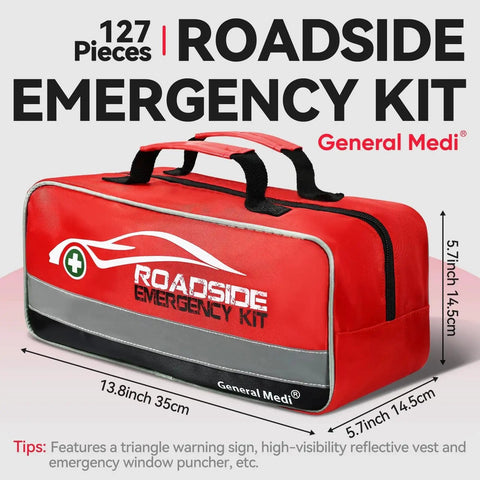 Essential 127-Piece Car Emergency Kit With Mini First Aid Kit Includes Jumper Cables Tow Rope Safety Vest And Emergency Triangle bag