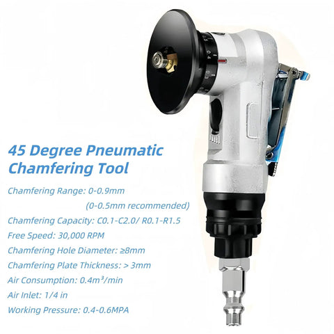 Side view of 45 Degree Pneumatic Chamfering Tool For Metalworking, Mini Air Tool With 1/4 Inch Inlet, 30,000 RPM, and aluminum shell